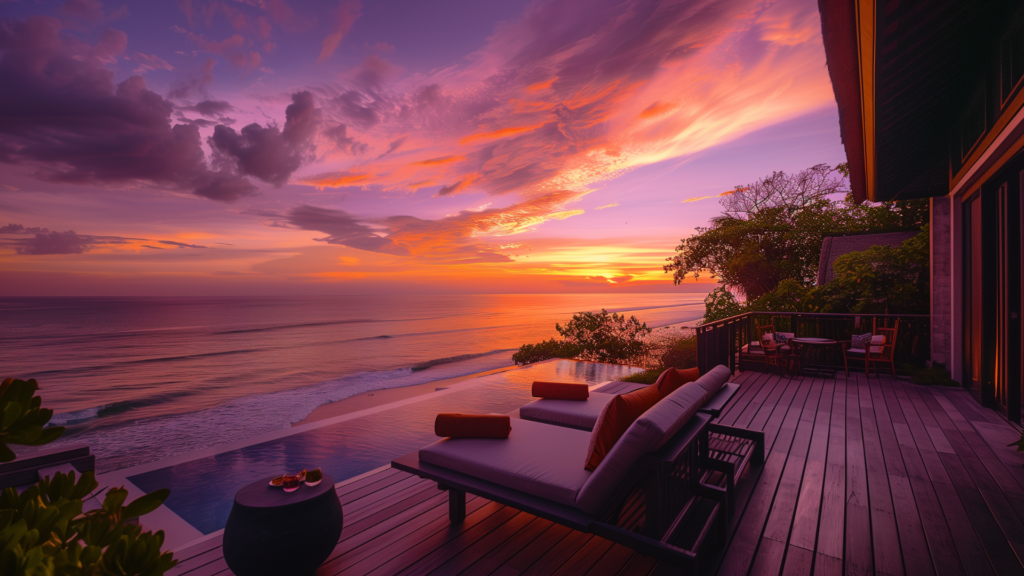Vibrant sunset from a Bali beach house balcony, offering a serene and tranquil backdrop that embodies relaxation.