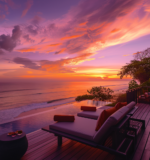 Vibrant sunset from a Bali beach house balcony, offering a serene and tranquil backdrop that embodies relaxation.