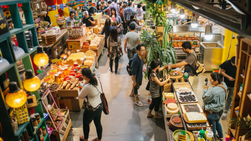Shoppers exploring a vegan food market in Mexico City