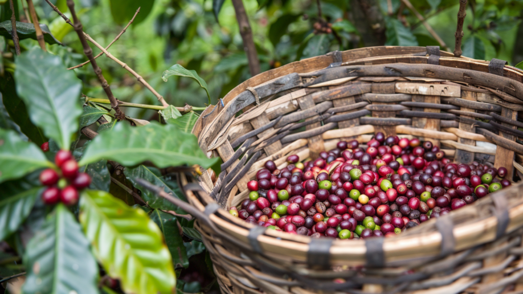 A basket full of freshly harvested coffee beans on a coffee farm