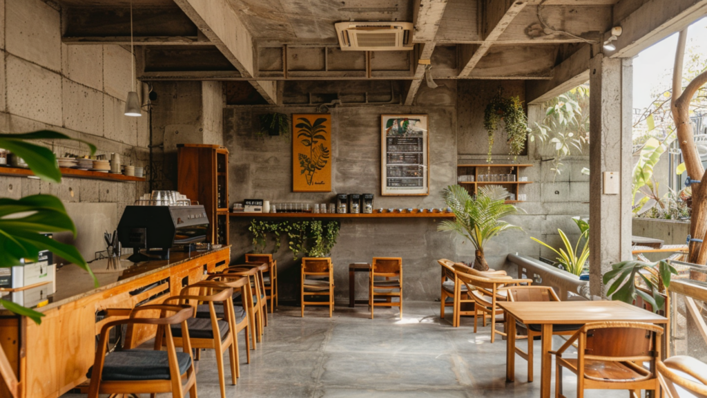 A coffee shop with wooden chairs and tables