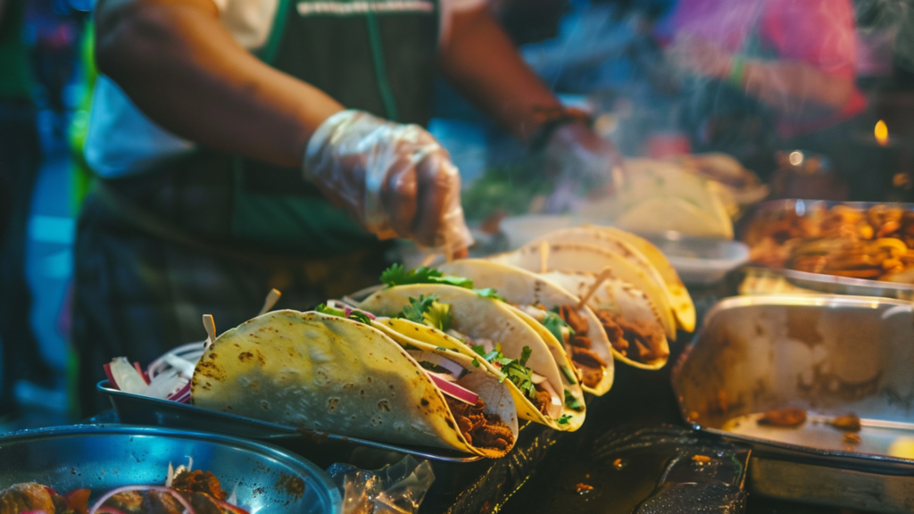 Tacos on a tray at a street food stall