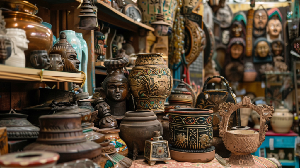 A display of antique finds inside a souvenir shop