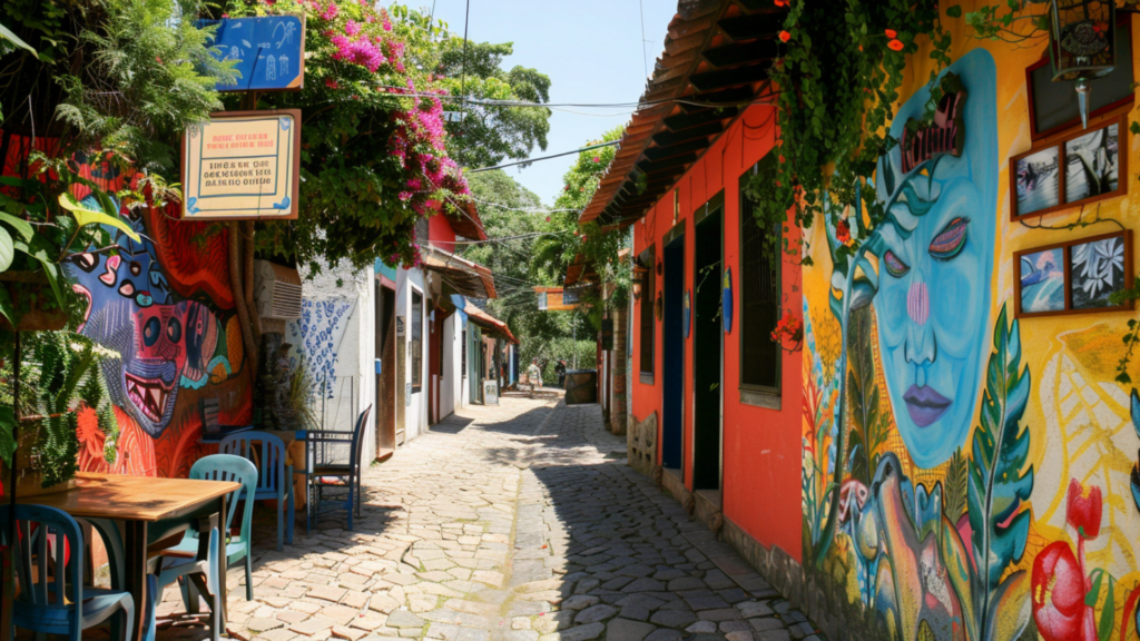 A lively alley adorned with colorful painted walls and tables in Santa Teresa, Rio de Janeiro