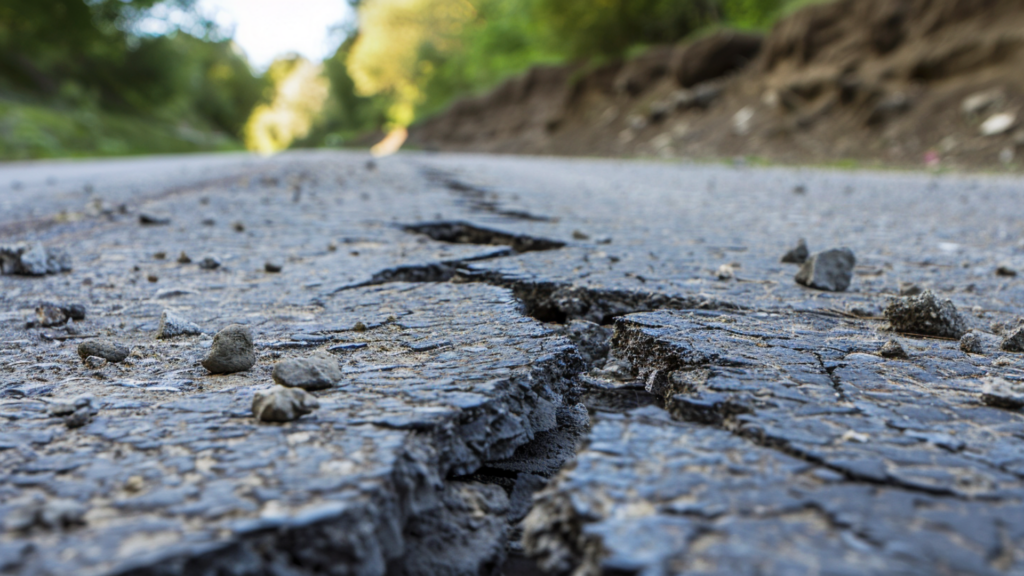 A close-up shot of road cracks caused by an earthquake in Mexico