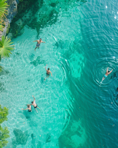 People enjoying a refreshing swim in the crystal-clear, turquoise waters of a secluded cenote in Tulum