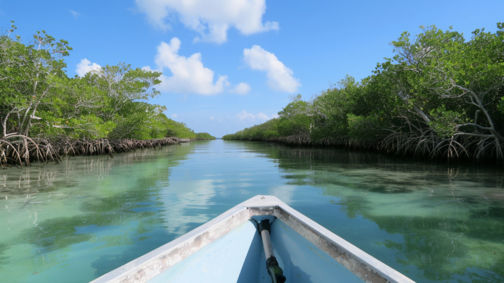 A boat navigating through the mangroves of Sian Ka'an Biosphere Reserve in Tulum