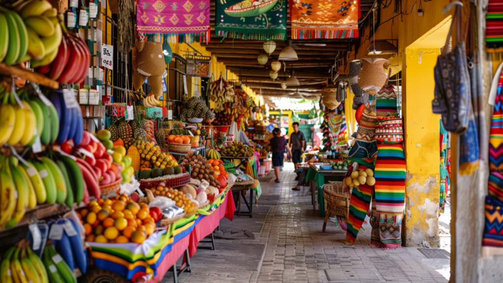 An alley of a market in Tulum where vendors are selling fresh tropical fruits, handicrafts, and traditional Yucatan delicacies