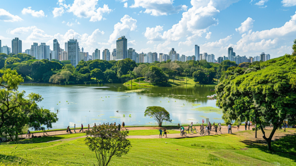 Joggers and cyclists at the birapuera Park in Sao Paulo