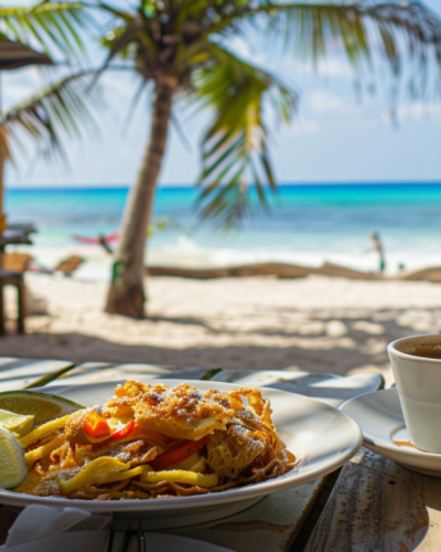 A cup of coffee and a hearty breakfast meal served at a brunch spot in Tulum