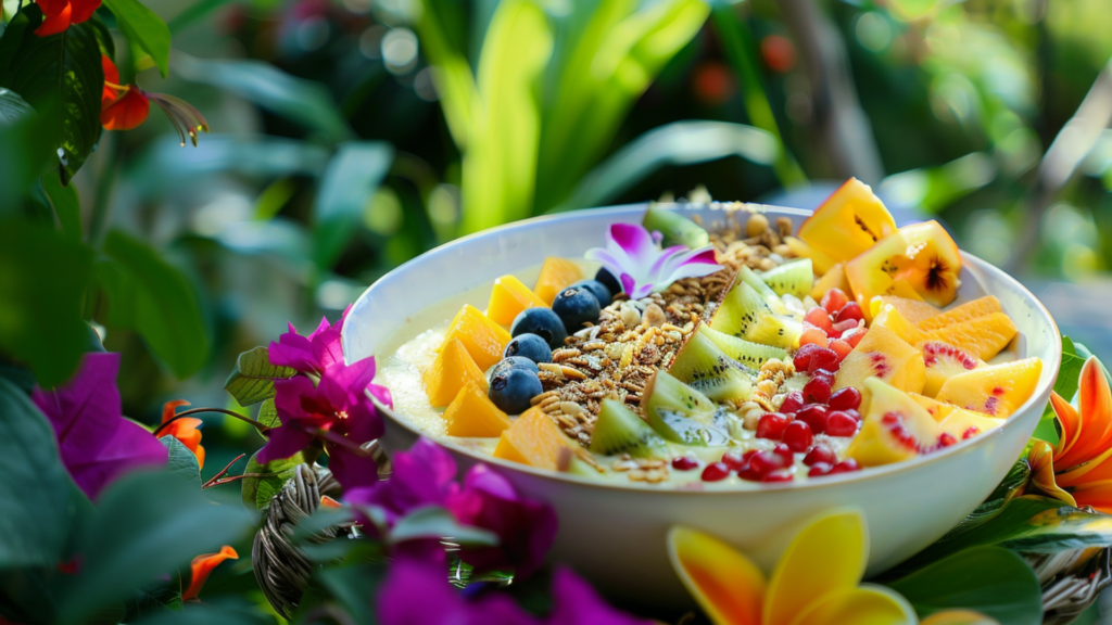 A breakfast smoothie bowl topped with tropical fruits, nuts, and seeds, served in a garden setting