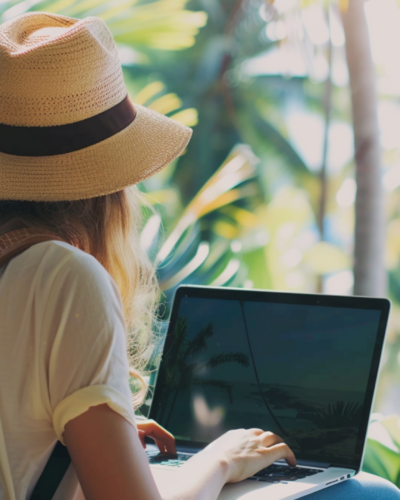 A woman using AI on her laptop for travel planning