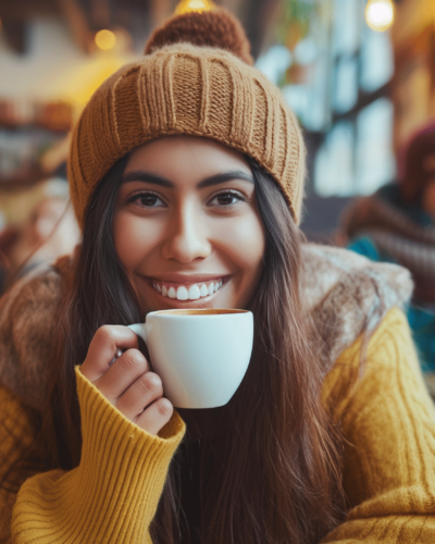 Smiling woman enjoying coffee, a scene at one of the best cafes in Mexico City