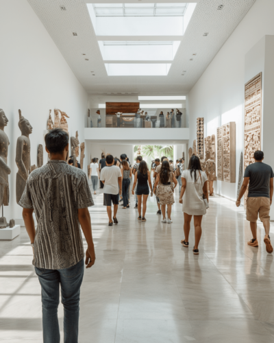 Visitors admiring large sculptures at Museo de Arte Popular in Mexico City