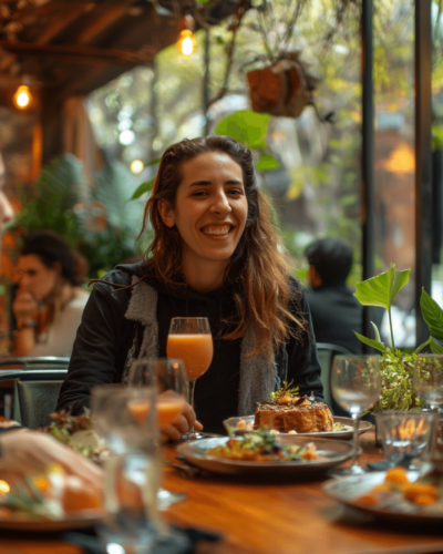Smiling woman dining in Roma Norte, enjoys the vibrant restaurant scene