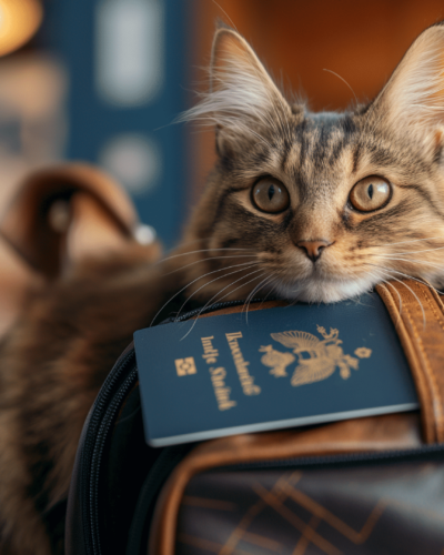 Tabby cat with a passport on a leather bag, ready for traveling to Mexico
