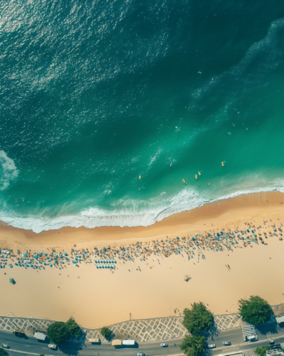 Aerial view of Ipanema beach with vibrant beachgoers, close to hotels in Ipanema, Rio de Janeiro