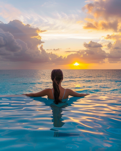 A woman in an infinity pool overlooking the Caribbean Sea