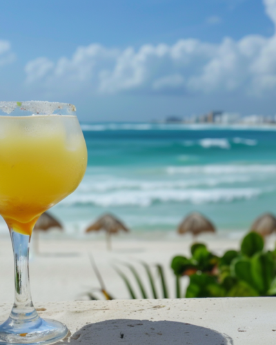 A glass of margarita with a beach in Cancun in the background