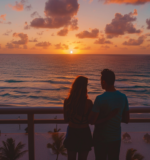 A couple watching the sunrise from the balcony of a beachfront hotel in Cancun