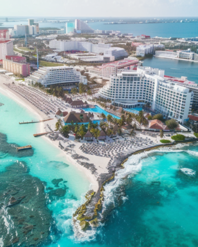 Aerial shot of Cancun surrounded by waters
