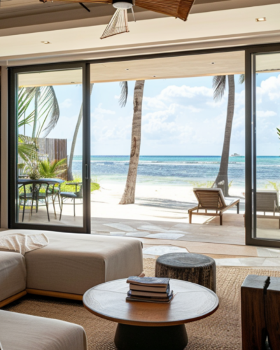A living room of a beachfront vacation rental in Cancun with couches and a round center table