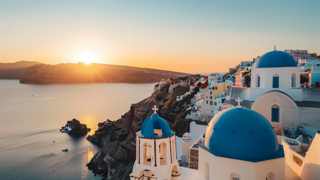 The setting sun with Santorini's blue-domed churches and white-washed houses as the background