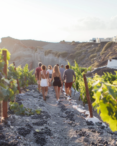 People on a winery tour in Megalochori, Santorini
