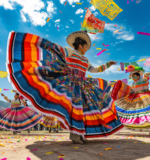 Mexican folk dancers in traditional costumes performing during Mexican Independence Day events