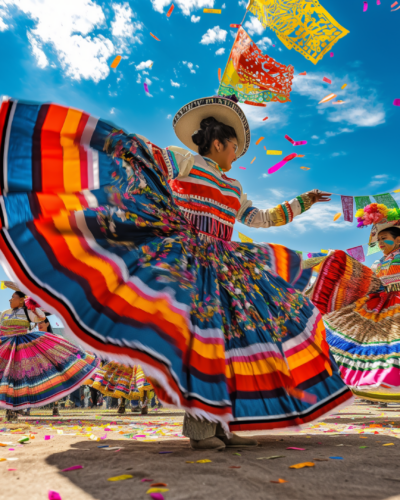 Mexican folk dancers in traditional costumes performing during Mexican Independence Day events