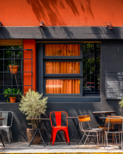 A cozy café front in Mexico City showcasing the vibrant themes common among Cucurucho Café and other top cafes in the area