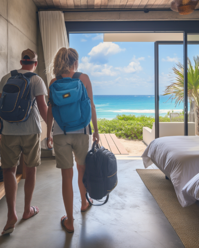 A couple checking into one of the top Tulum vacation rentals boasting direct beach access