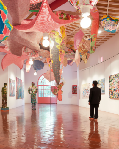 A visitor gazes at vibrant textile sculptures and paintings in a brightly lit gallery within Museo Dolores Olmedo
