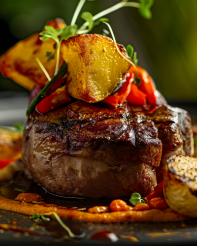 A succulent steak served with golden roasted potatoes and red peppers, a dish offered in Futuro Refeitorio and other unique dining spots in Sao Paulo