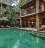 Secluded eco-friendly jungle villa in Playa del Carmen, surrounded by lush vegetation with a private pool.