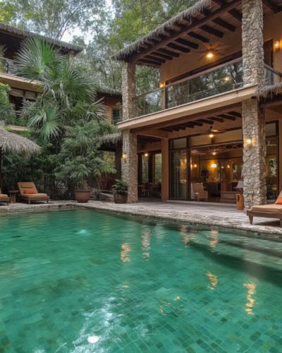 Secluded eco-friendly jungle villa in Playa del Carmen, surrounded by lush vegetation with a private pool.