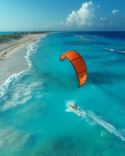 An adventurer kite surfing on the breezy waters of the Caribbean Sea near Playa del Carmen.