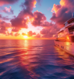 Sunset view from a luxury yacht with expansive views of the ocean near Playa del Carmen.