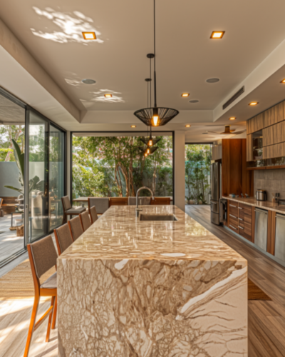 State-of-the-art gourmet kitchen in a Playa del Carmen luxury villa, featuring a spacious layout.