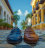 Stylish loafers showcased on a quaint cobblestone street in Playa del Carmen.