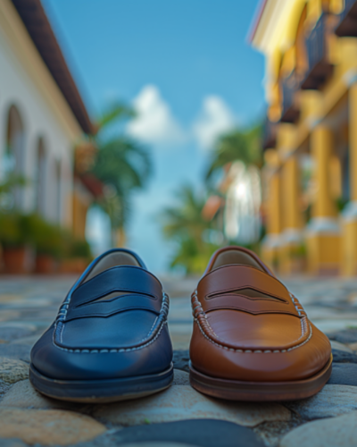 Stylish loafers showcased on a quaint cobblestone street in Playa del Carmen.