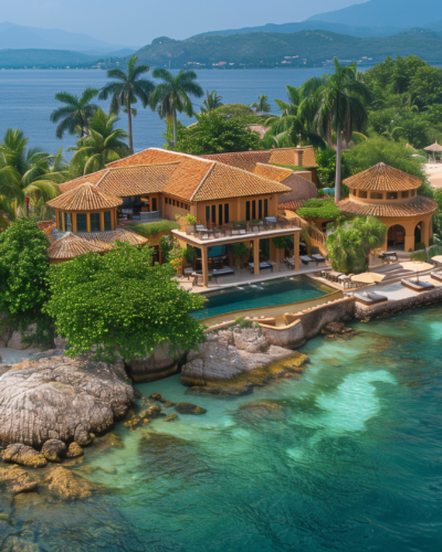 A private villa nestled at the edge of an island resort offering stunning views