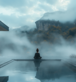 A woman meditating on a lodge deck at high altitude, surrounded by misty mountains