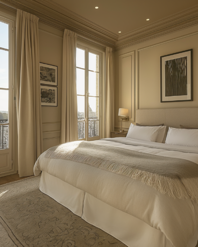 Elegant room in a Parisian boutique hotel with a view of the Eiffel Tower, blending modern and traditional decor.