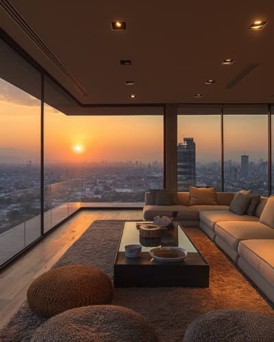 Luxurious apartment in Mexico City with sunset views and modern amenities.