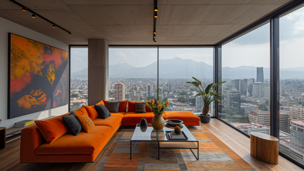 Modern apartment with contemporary design and art by Mexican artists, overlooking Mexico City's skyline
