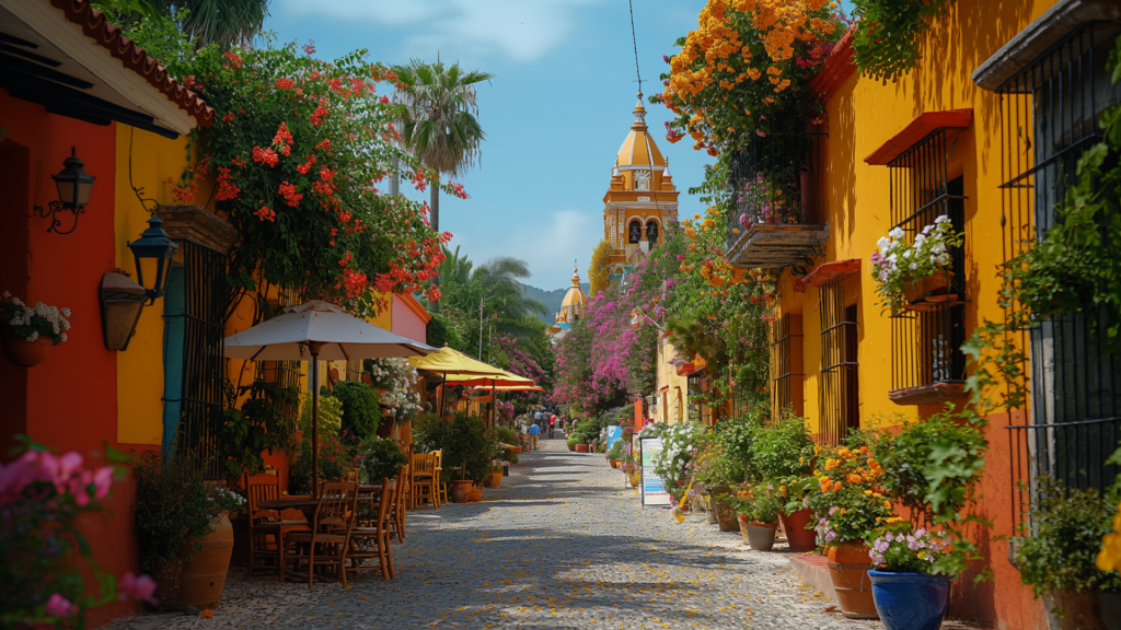 Colorful street in San Miguel de Allende with colonial buildings and cafes