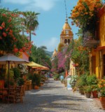 Colorful street in San Miguel de Allende with colonial buildings and cafes