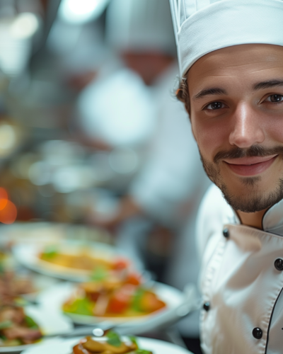 A smiling chef preparing dishes