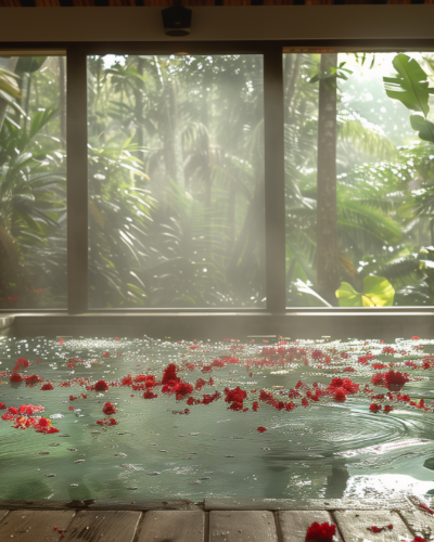 A spa pool with petals of flowers on the surface